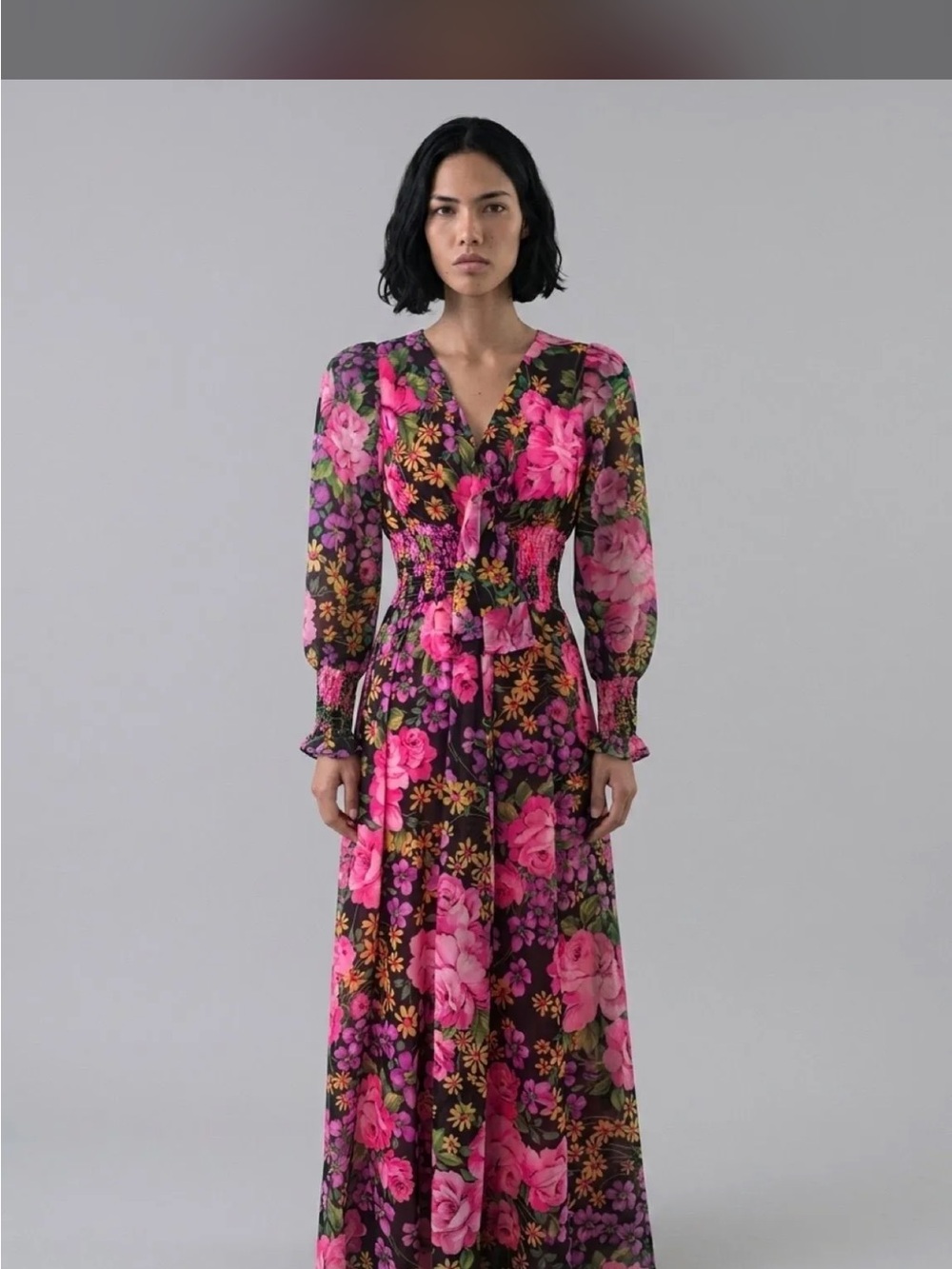 V-Neck Floral Maxi Dress with Smocked Waist in Pink 1970s